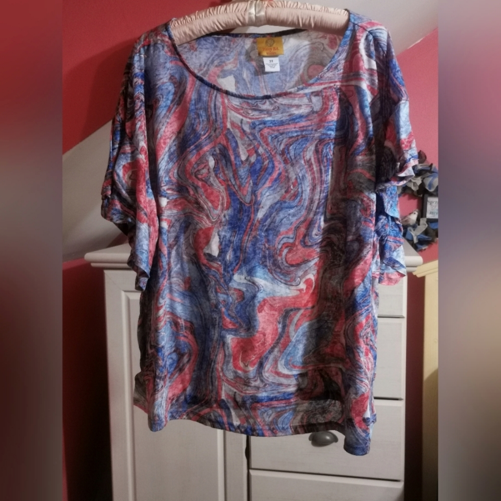Ruby Rd azure waves flutter sleeves top 2x